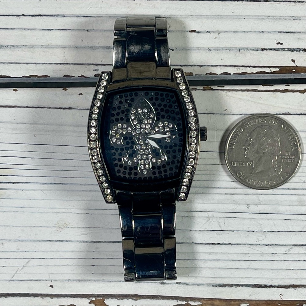 *NEW BATTERY* BKE watch fleur-de-lis Lily Saints Rhinestone Gunmetal Black Steel - Picture 4 of 12